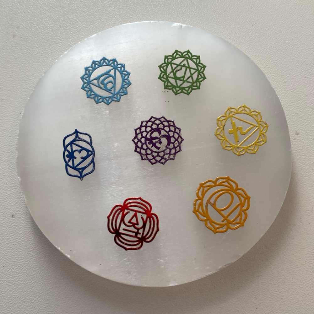 Selenite charging plate with Chakra Symbols